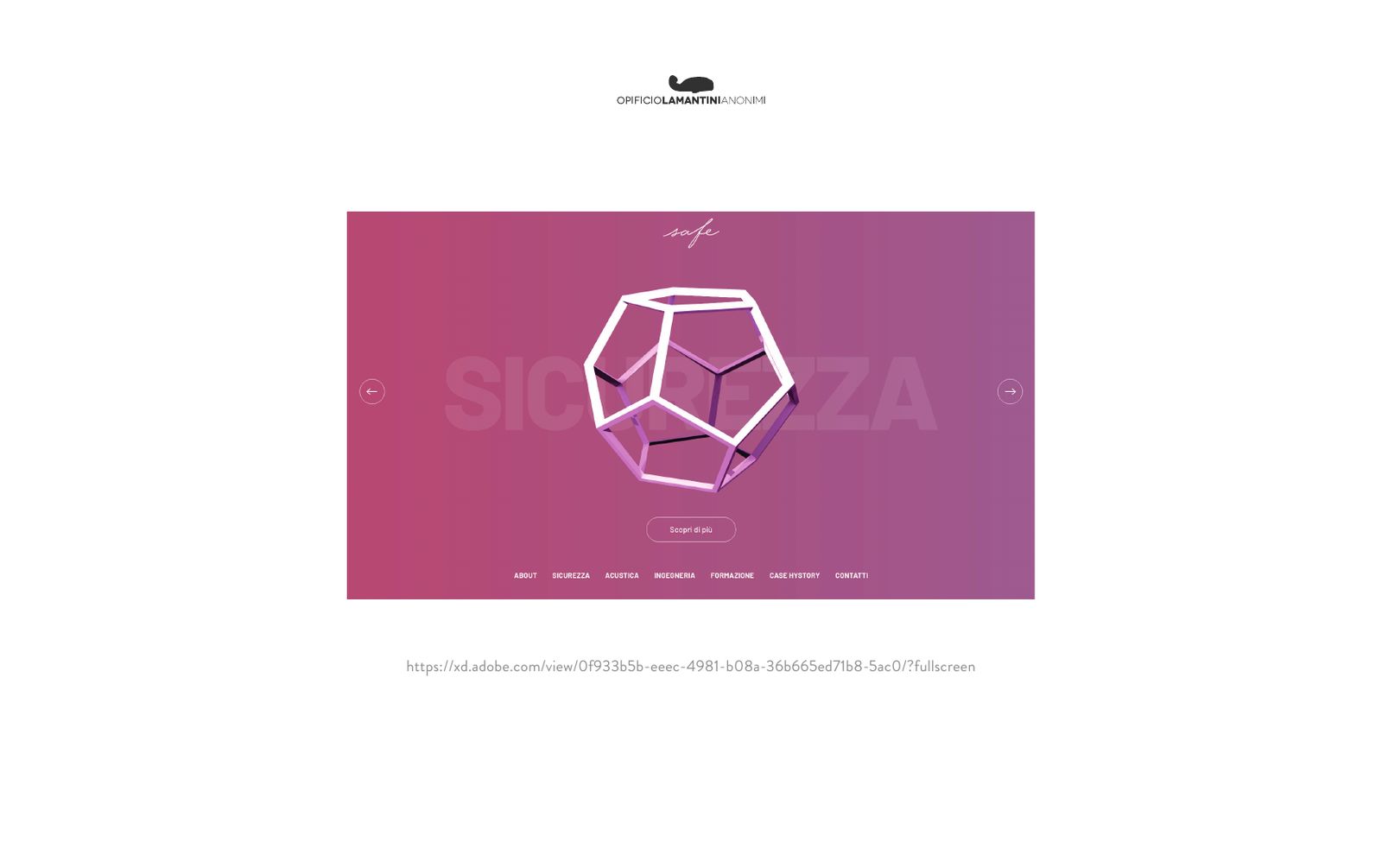 Il mockup della home presentato il 18 ottobre 2022: il dodecaedro bianco sulla parola sicurezza, su fondo rosa