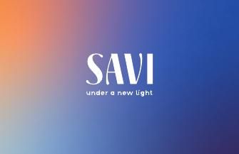 The front of the Savi business card: the logo in white on the gradient