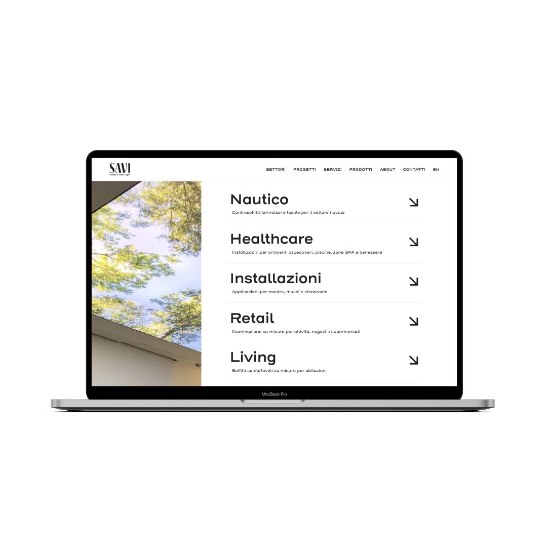 The list of sectors on saviweb.com on a laptop: Marine, Healthcare, Installations, Retail, Living