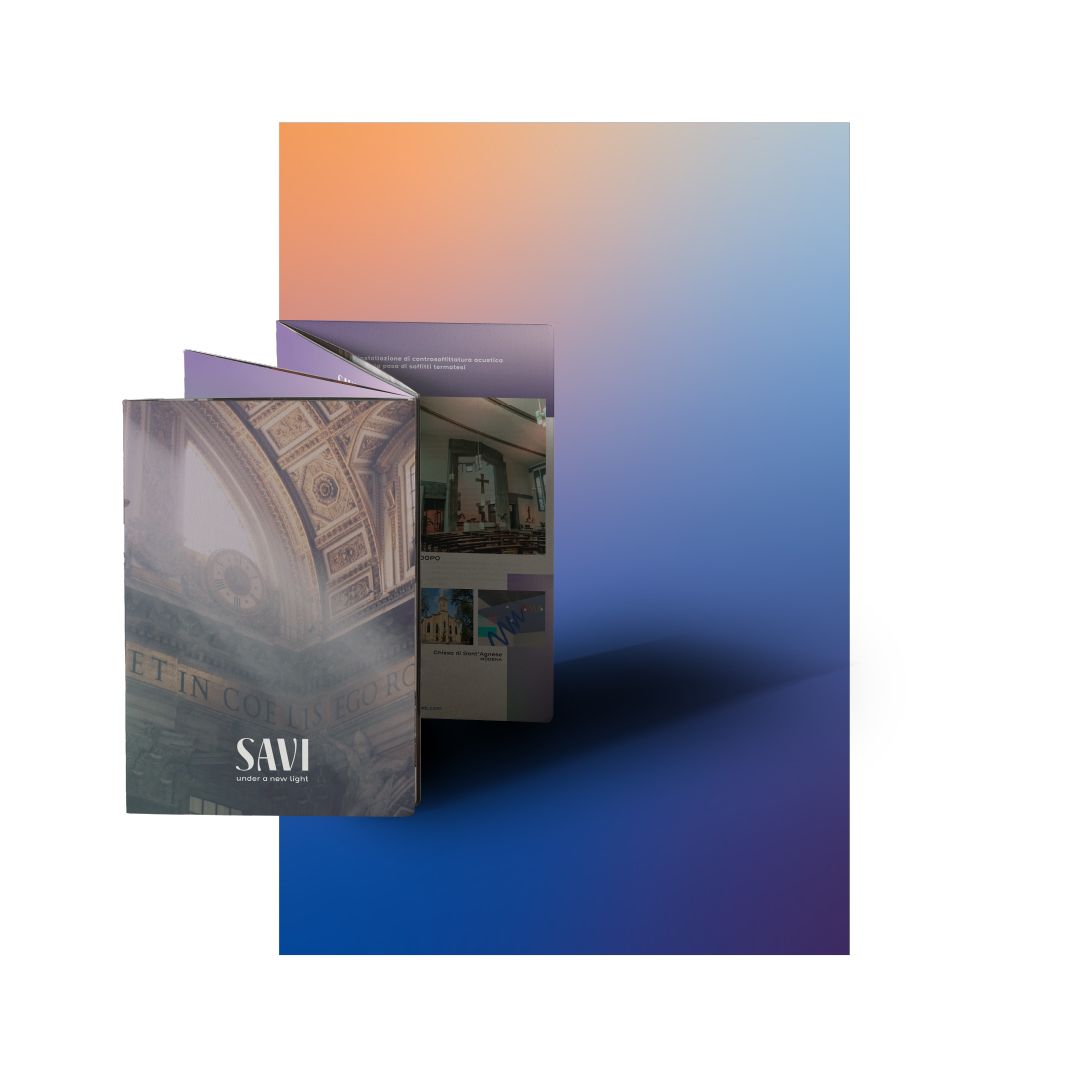 Savi concertina leaflet with photos of installations, in front of the gradient