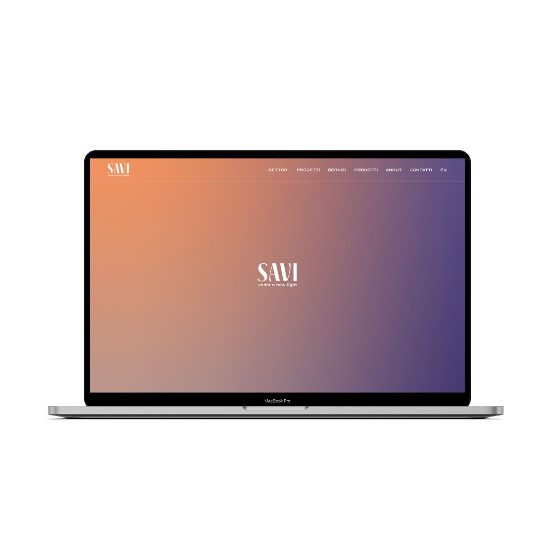 The saviweb.com home page on a laptop, with the logo on the gradient