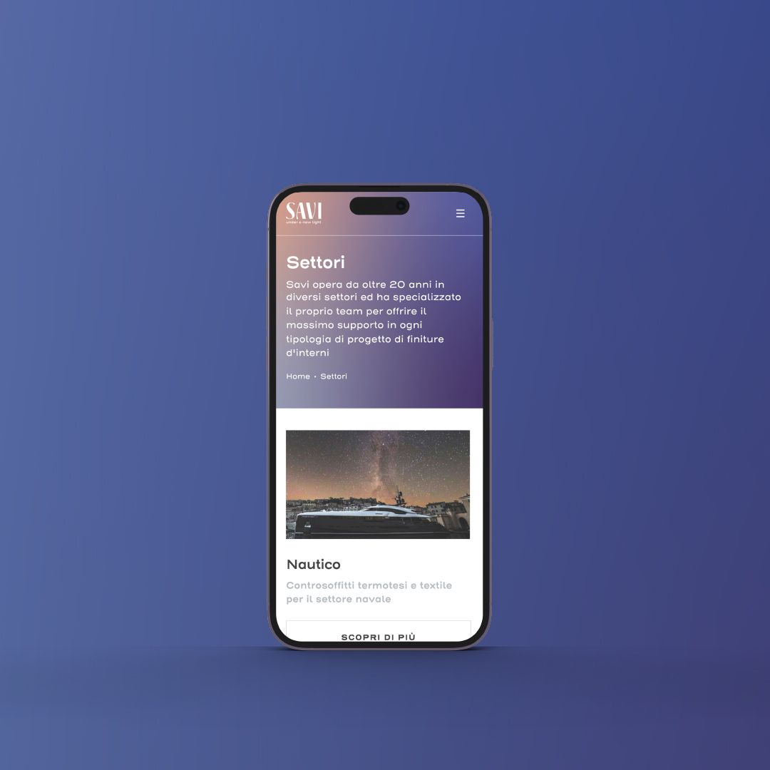 The saviweb.com Sectors page on a smartphone, on a blue background