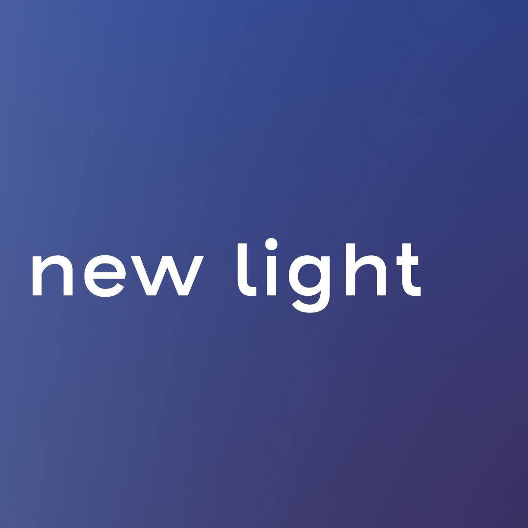 The words new light in white on a blue background