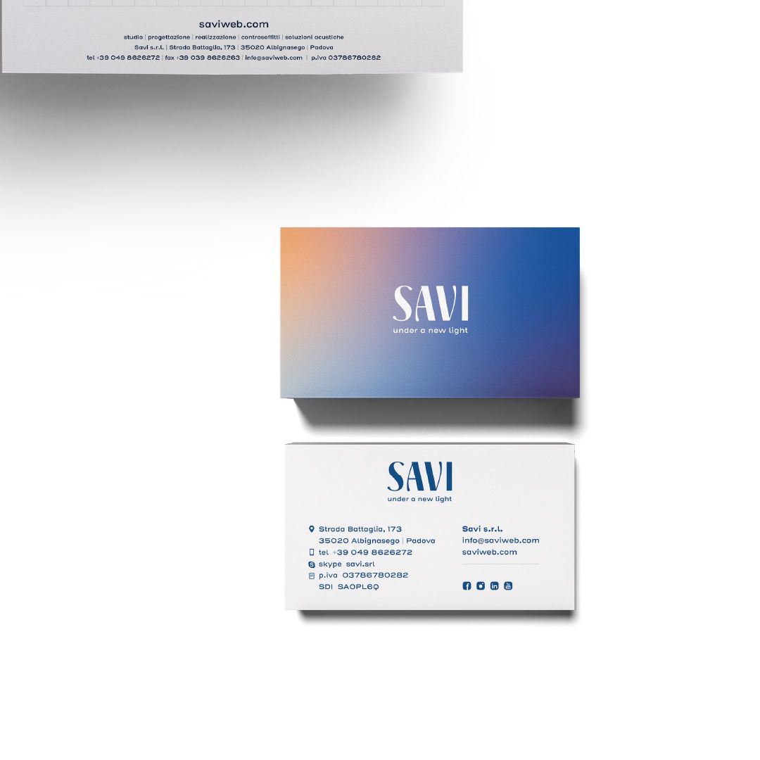 Savi business cards, front with the gradient and white back with the contact details