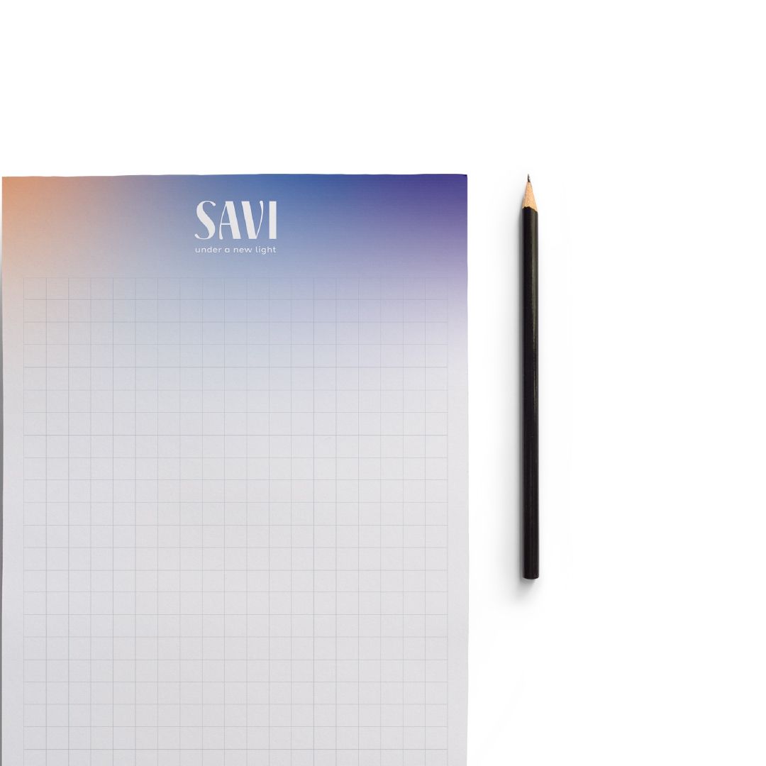 Savi squared notepad with the gradient at the top and a pencil