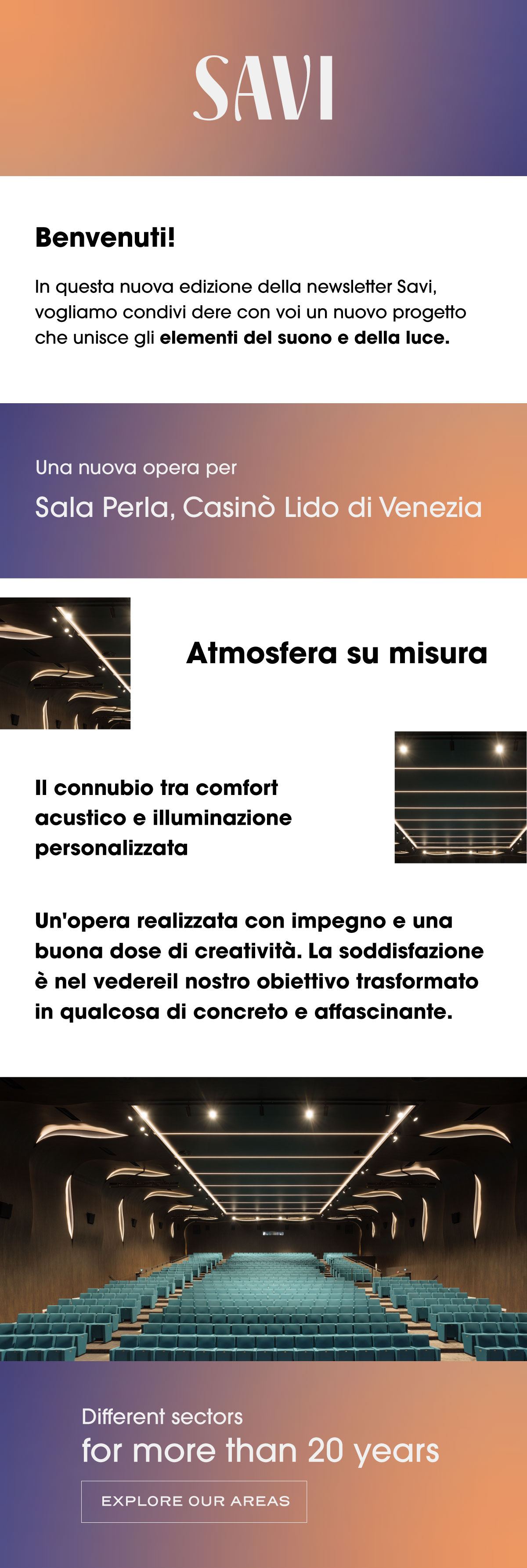 The Savi partner newsletter, February 2024: masthead, a new project combining light and acoustics, the sectors