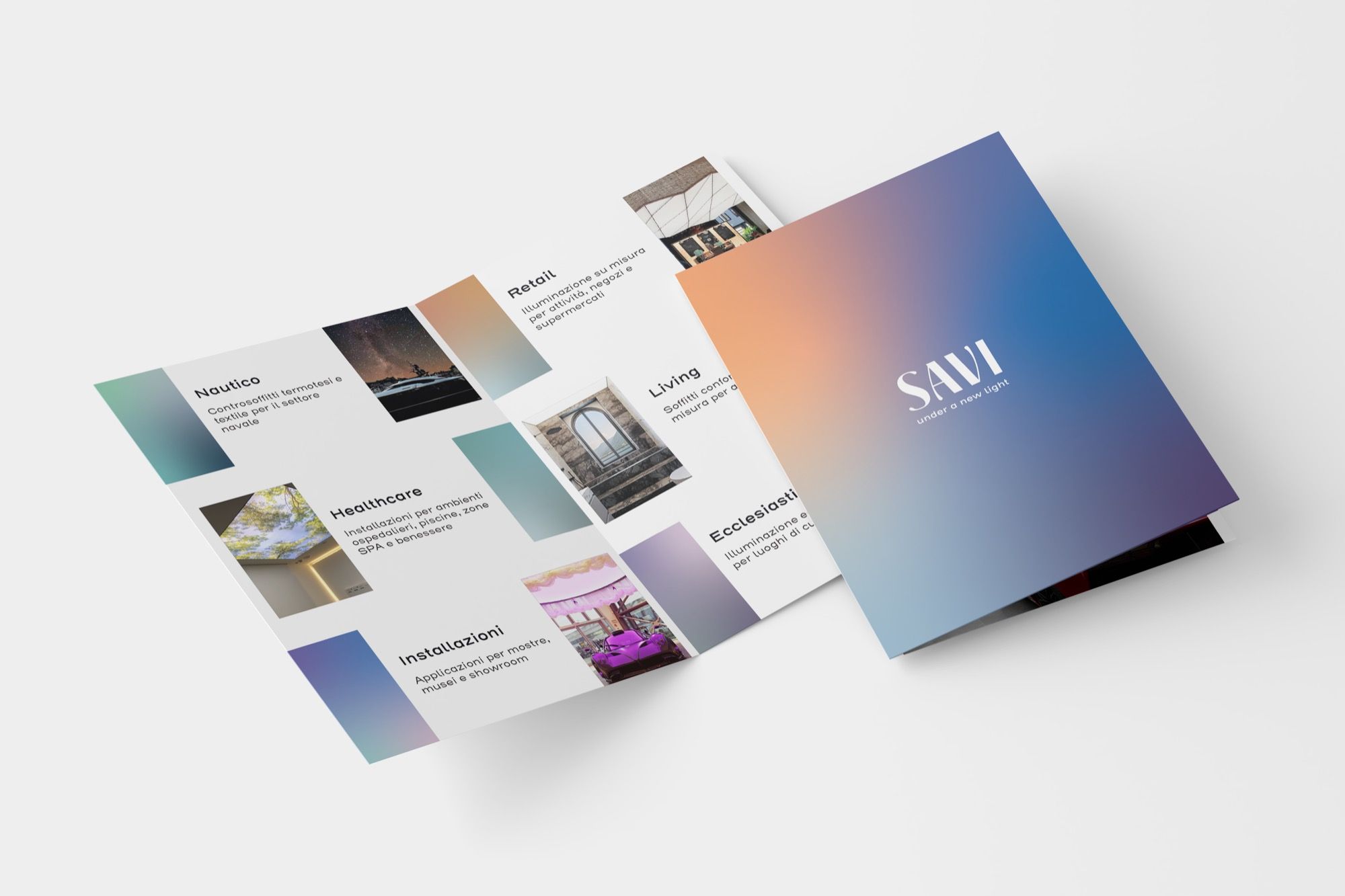 The Savi leaflet opened out: the six sectors, each with its own gradient and a photo, and the cover with the logo