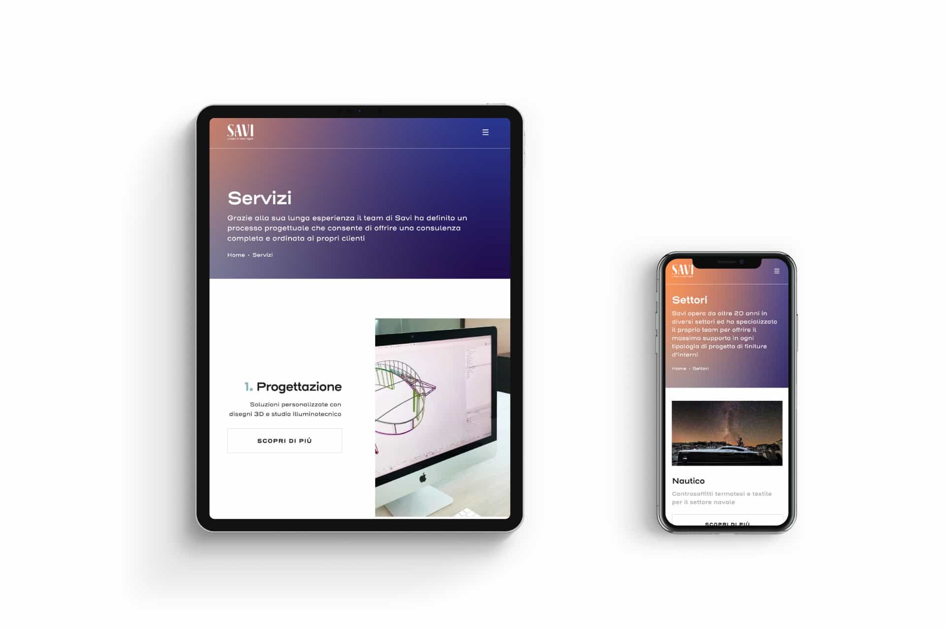 The saviweb.com website on tablet and smartphone, on the Services page