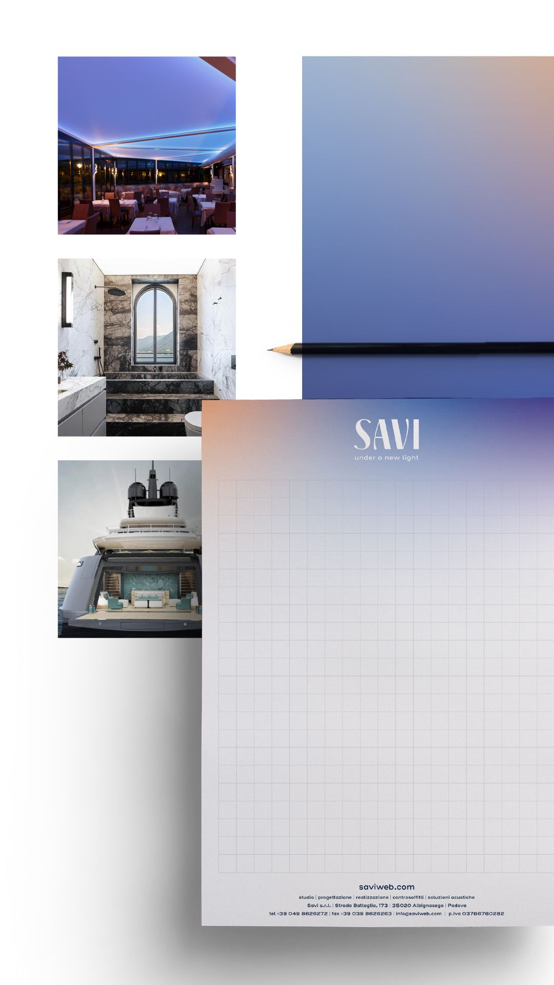 Vertical story: Savi notepad, pencil and photos of installations