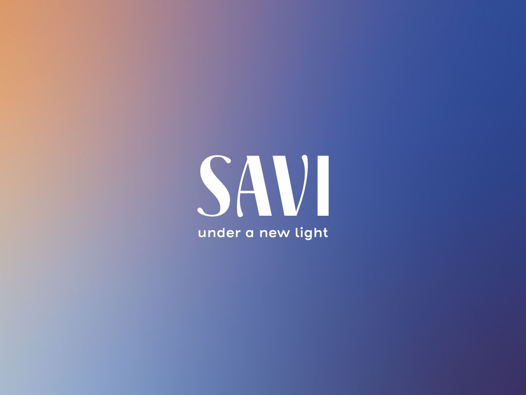 The SAVI logo in white on the gradient, from peach pink to midnight blue