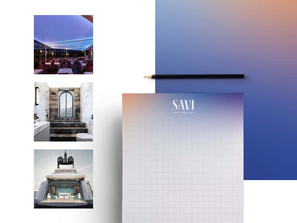 Savi notepad with the gradient, a pencil and three photos of installations: a restaurant dining room, a bathroom, a yacht