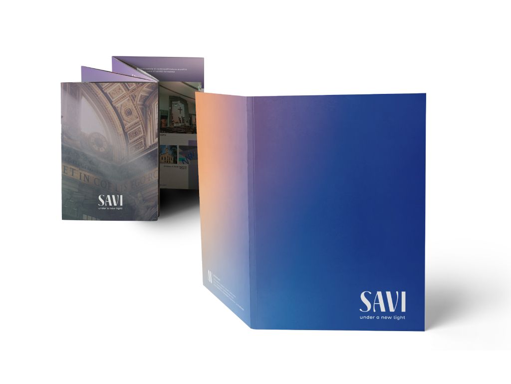 Savi folder and concertina leaflet with the gradient from orange to blue