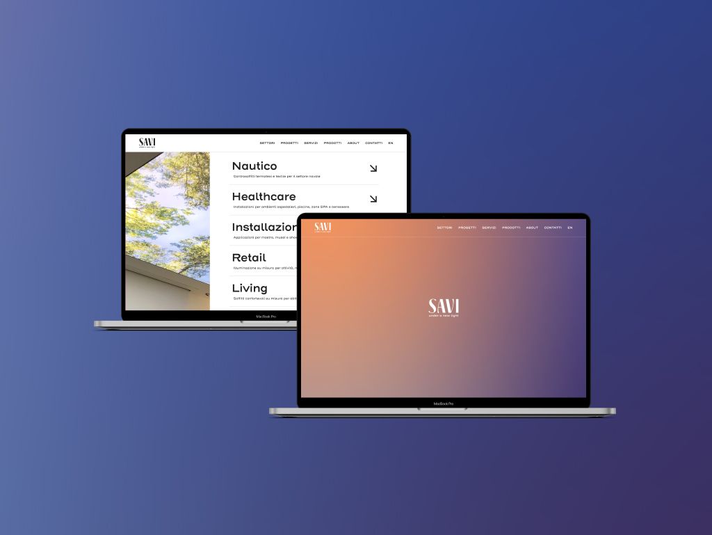 The saviweb.com website on two laptops: the list of sectors and the home page