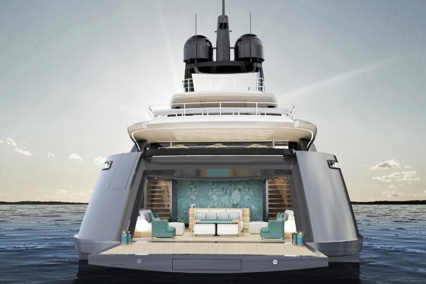 The stern of a yacht with the saloon lit by a pale ceiling, one of the installation photos used in Savi materials