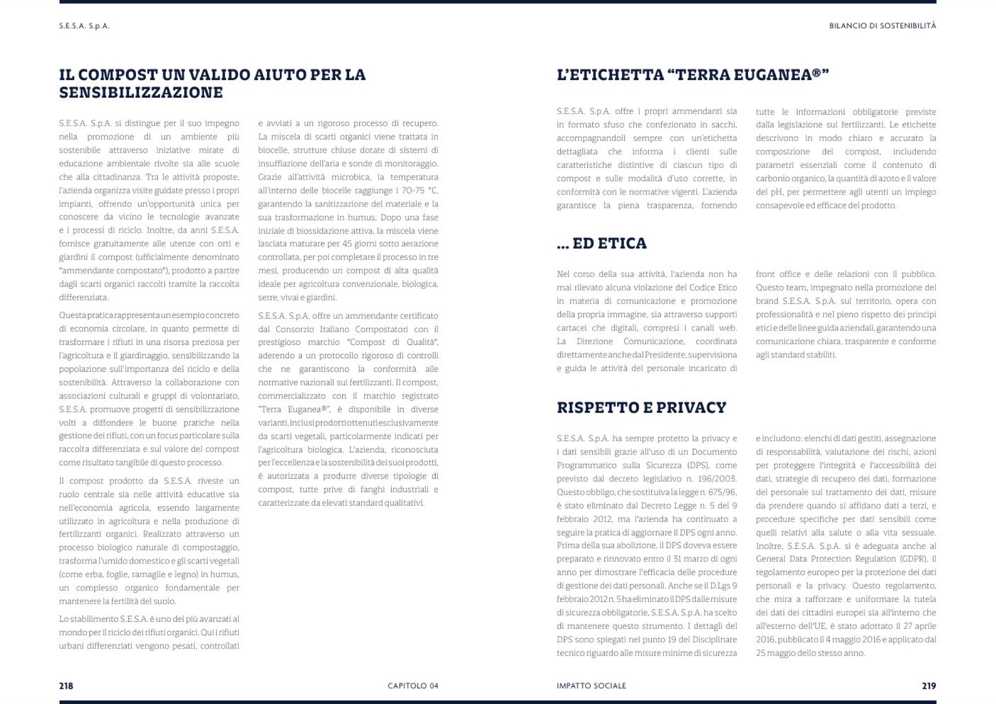 Pagina del bilancio di sostenibilità sul compost Terra Euganea