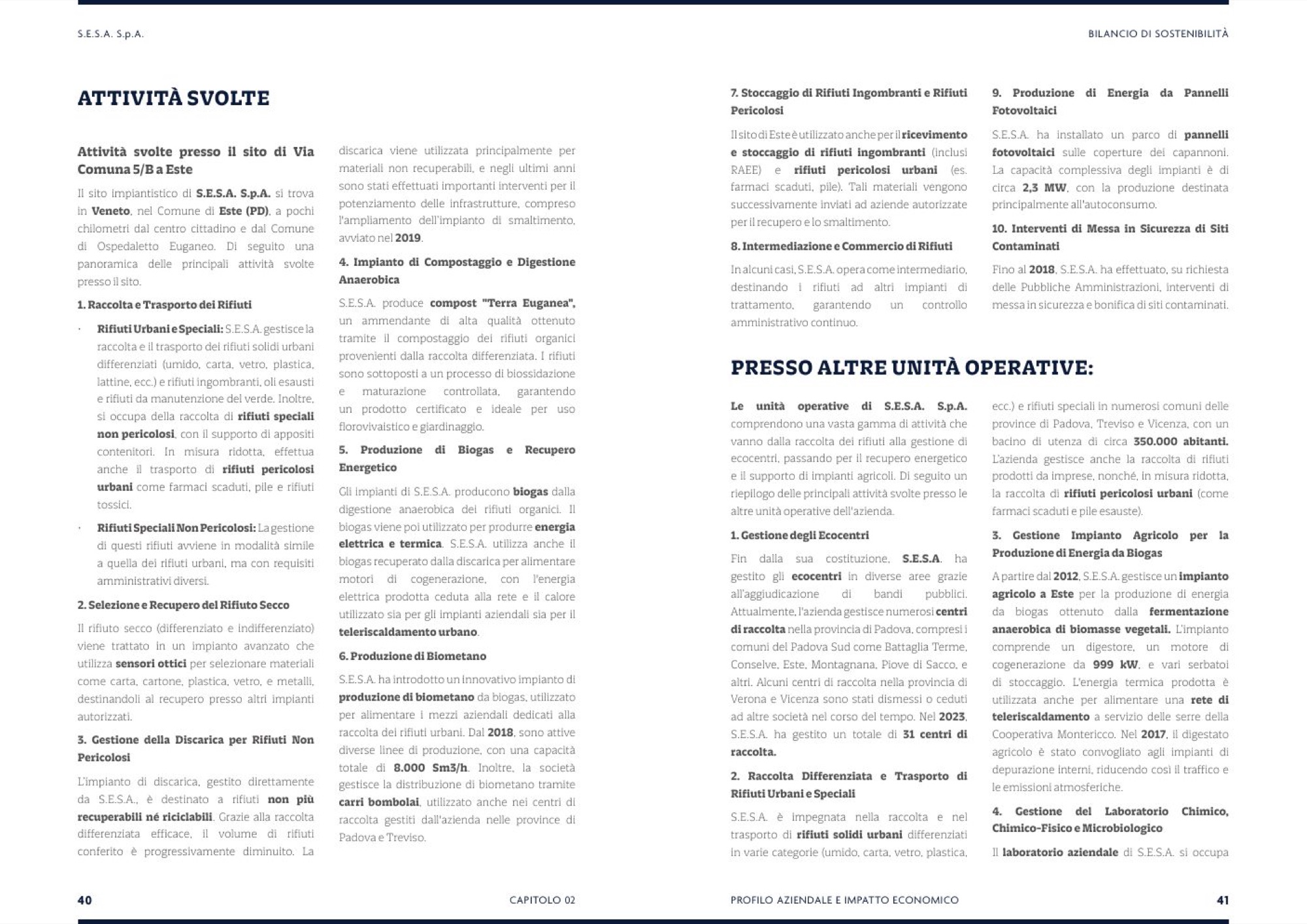 Pagina del bilancio di sostenibilità sulle attività svolte