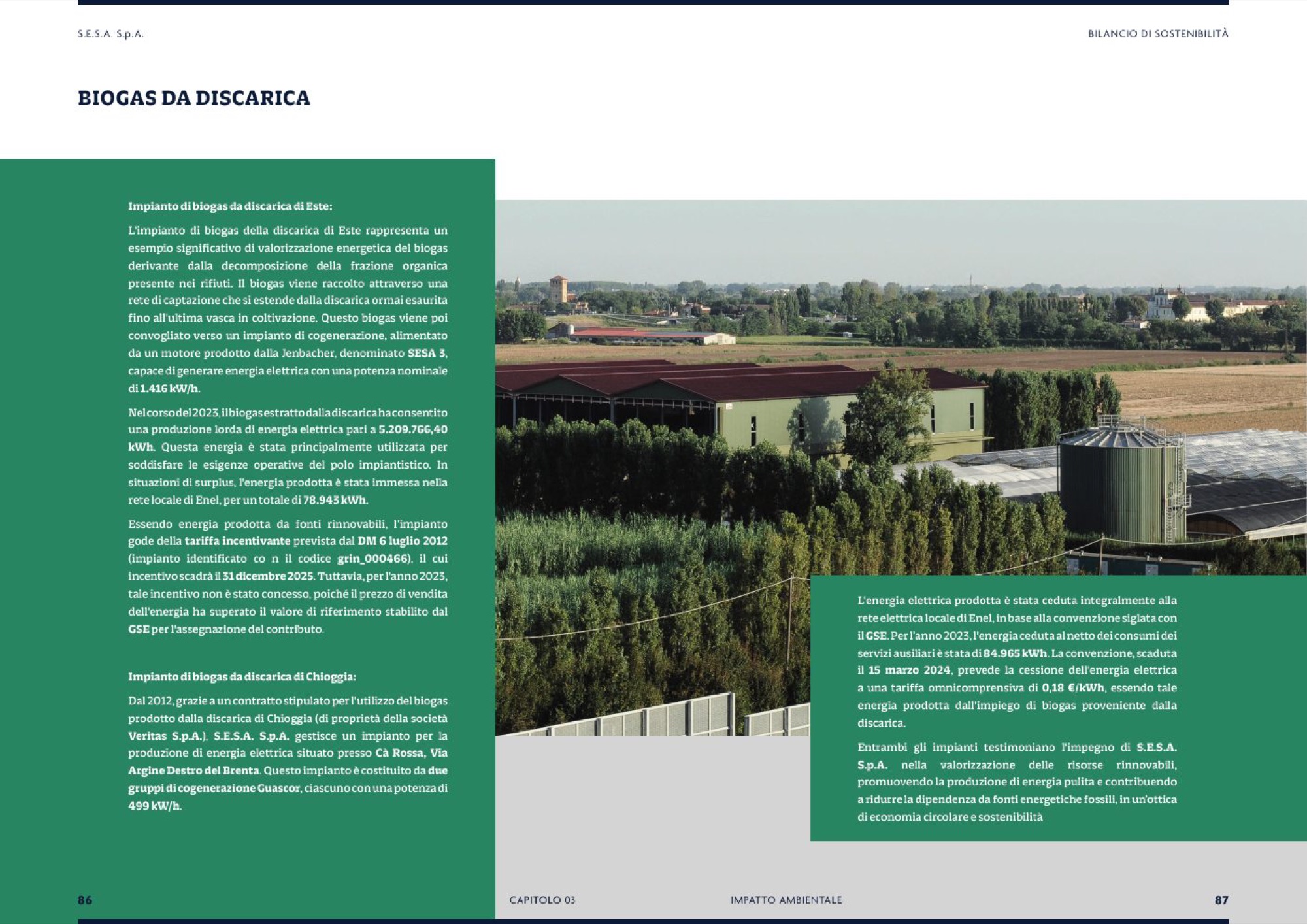 Pagina del bilancio di sostenibilità sul biogas da discarica