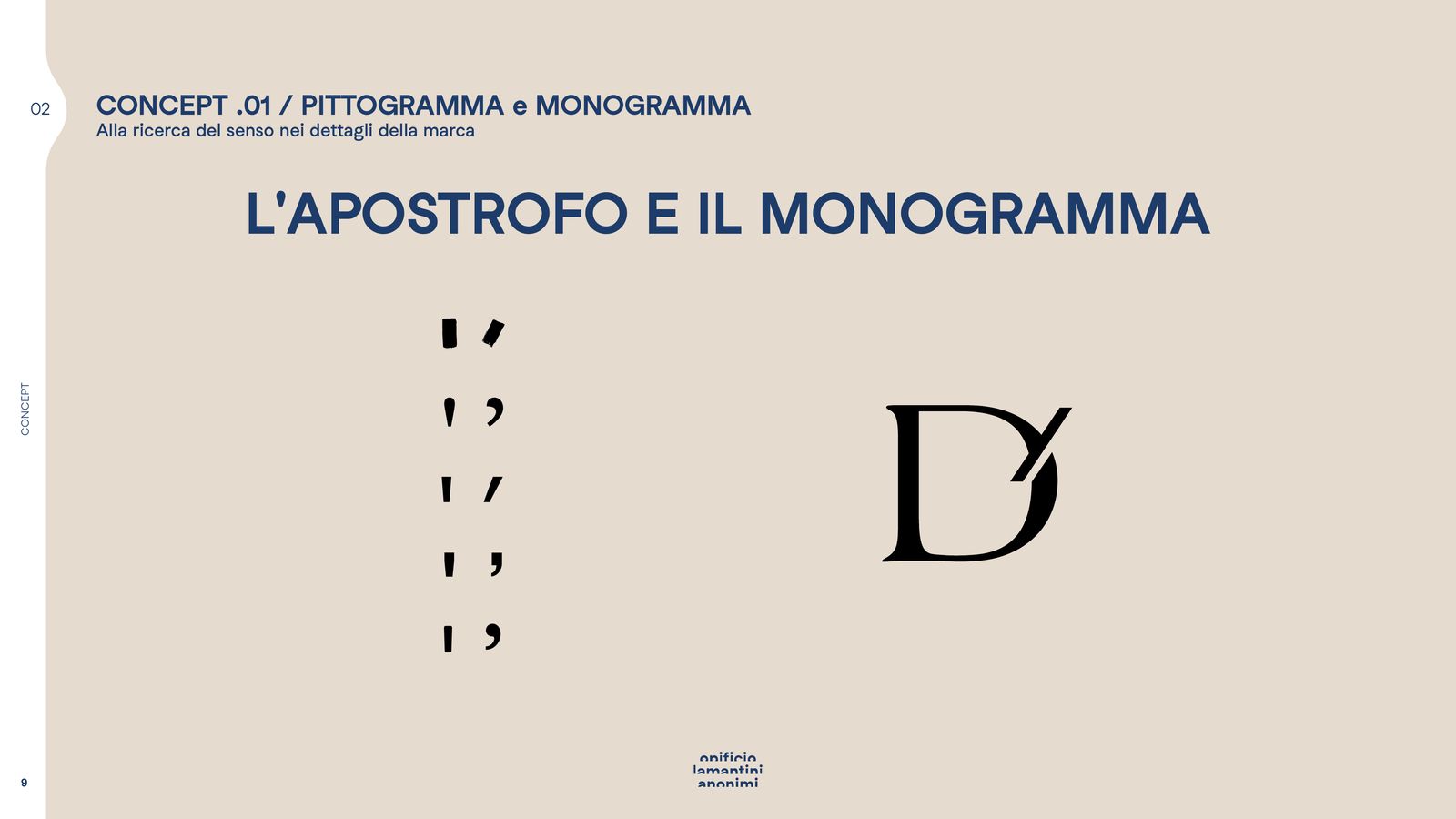 Slide sull’apostrofo e il monogramma: la D e il suo apostrofo diventano un segno