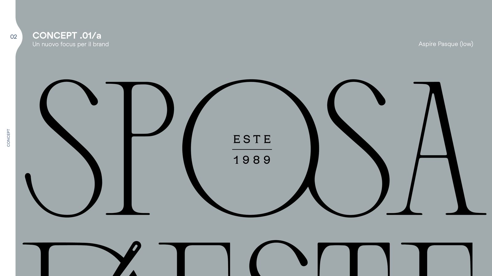 Slide del concept 01/a con il logotipo Sposa d’Este e il lock-up Este 1989