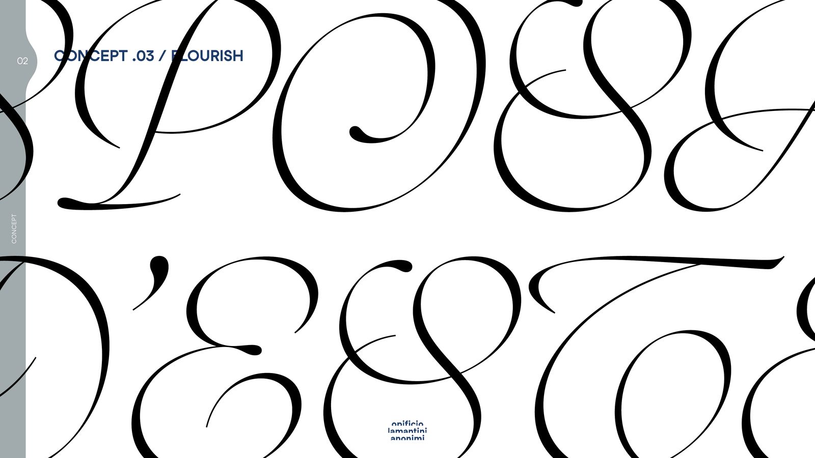 Slide del concept 03 con il logotipo corsivo di grande formato