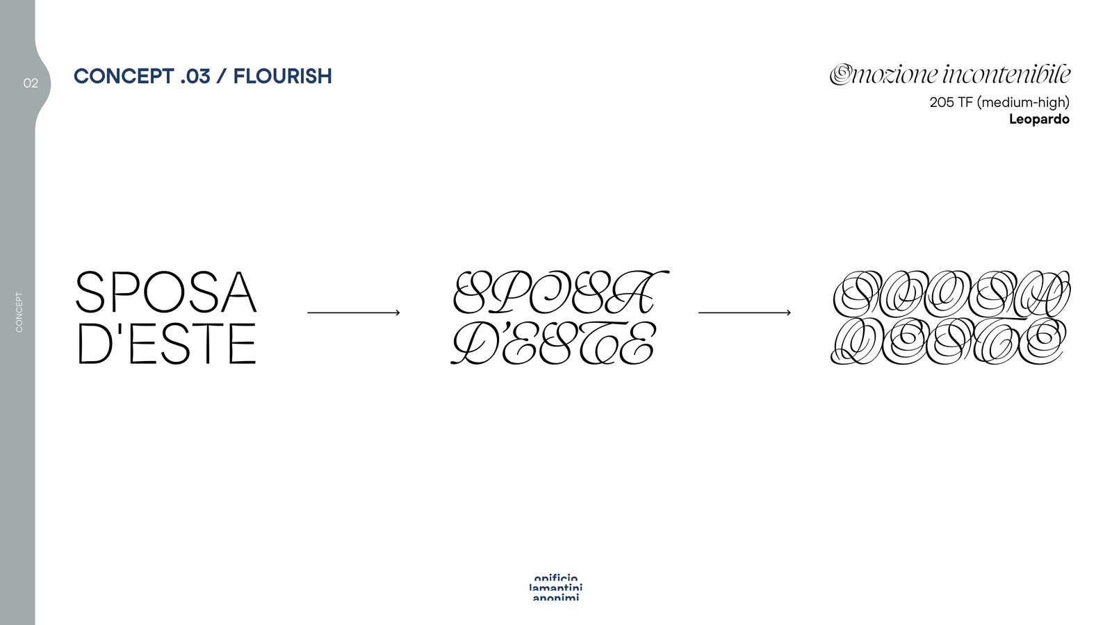 Slide del concept 03 con tre gradi di ornamento a confronto