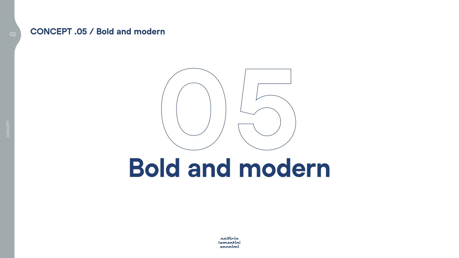Slide di apertura del concept 05: bold and modern