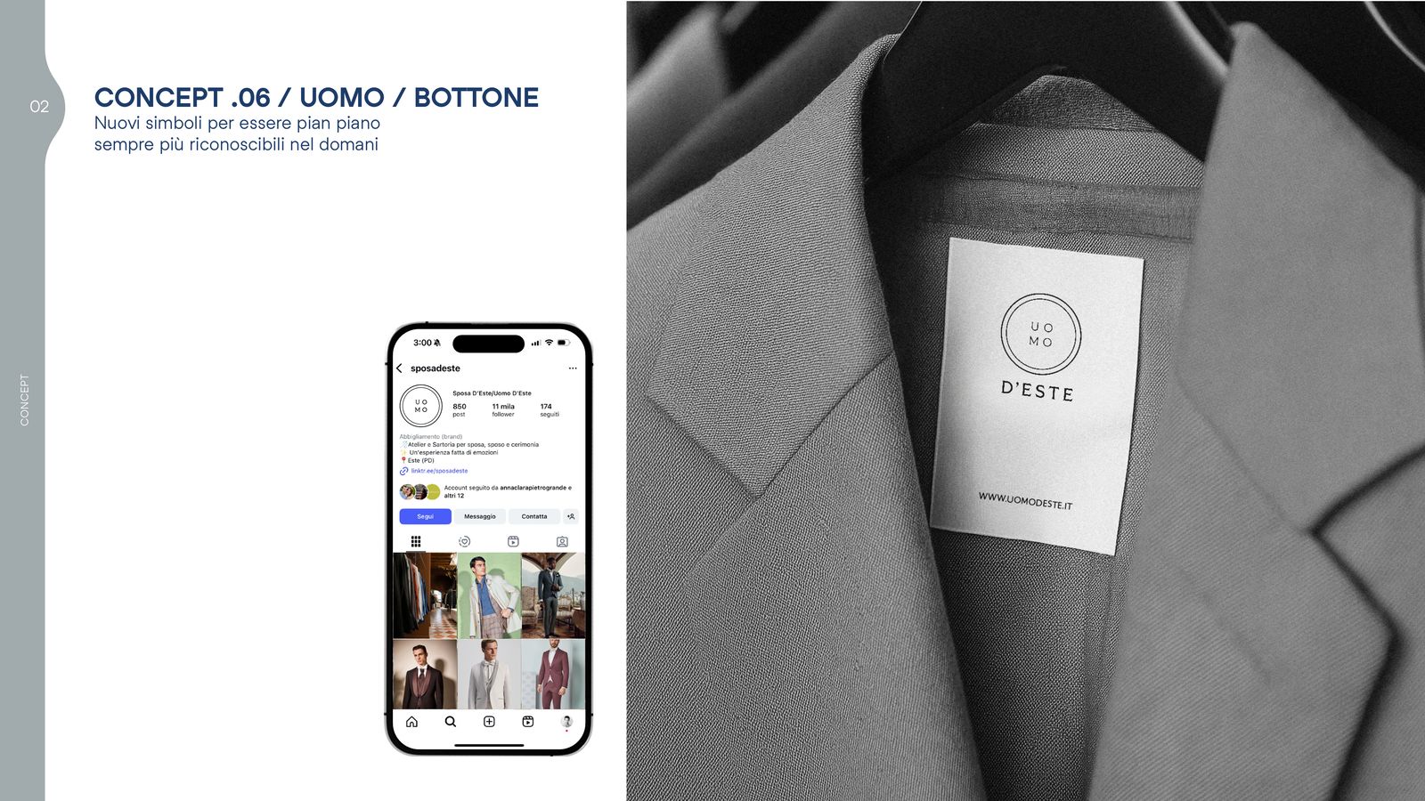 Slide del concept 06 con l’etichetta a bottone su una giacca