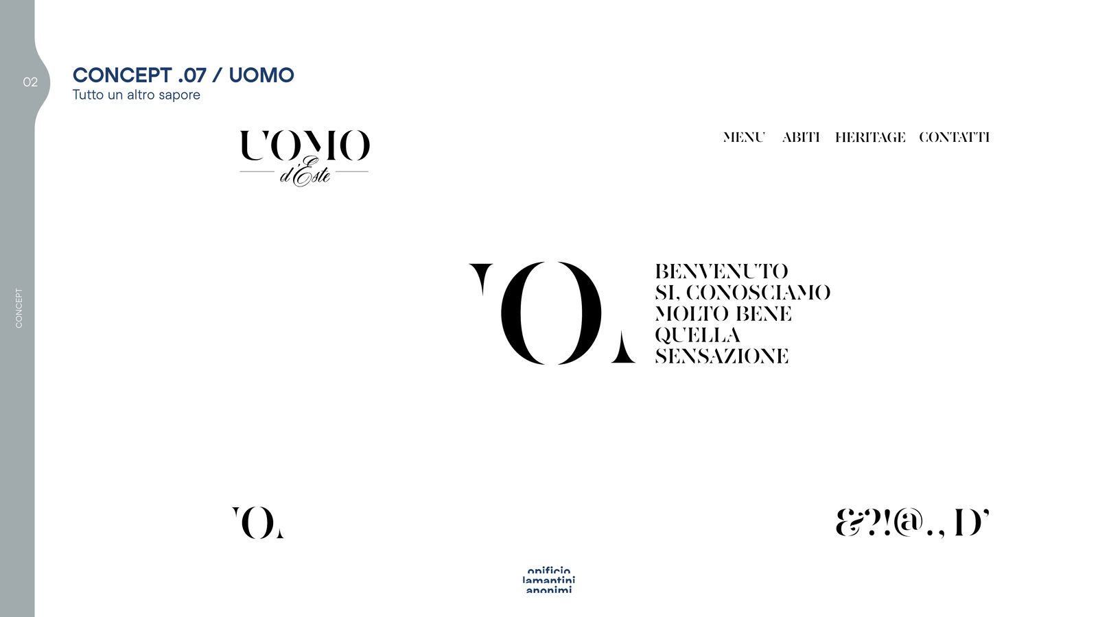 Slide del concept 07 con il monogramma e il messaggio di benvenuto