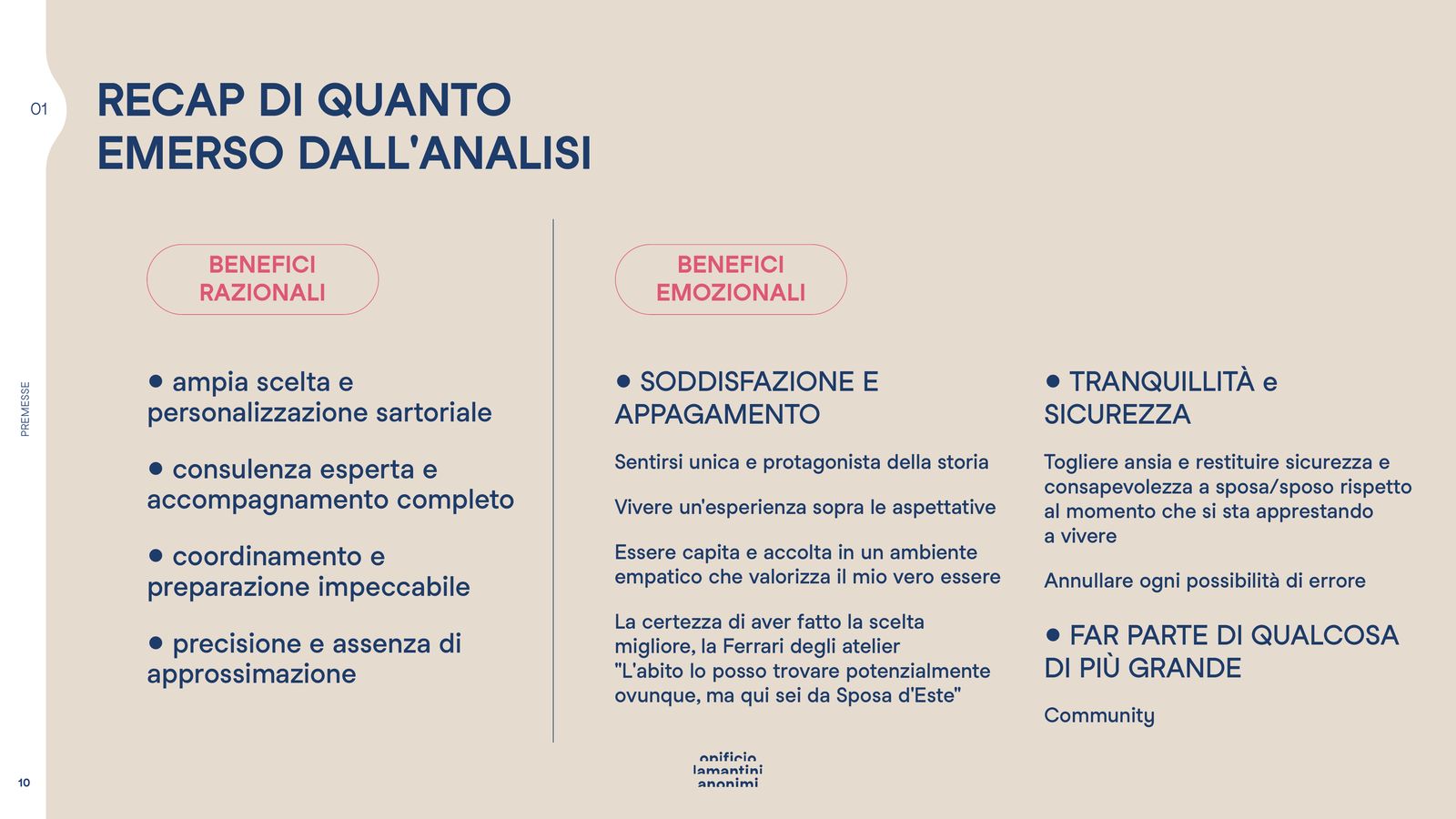 Slide con i benefici razionali e i benefici emozionali dell’atelier