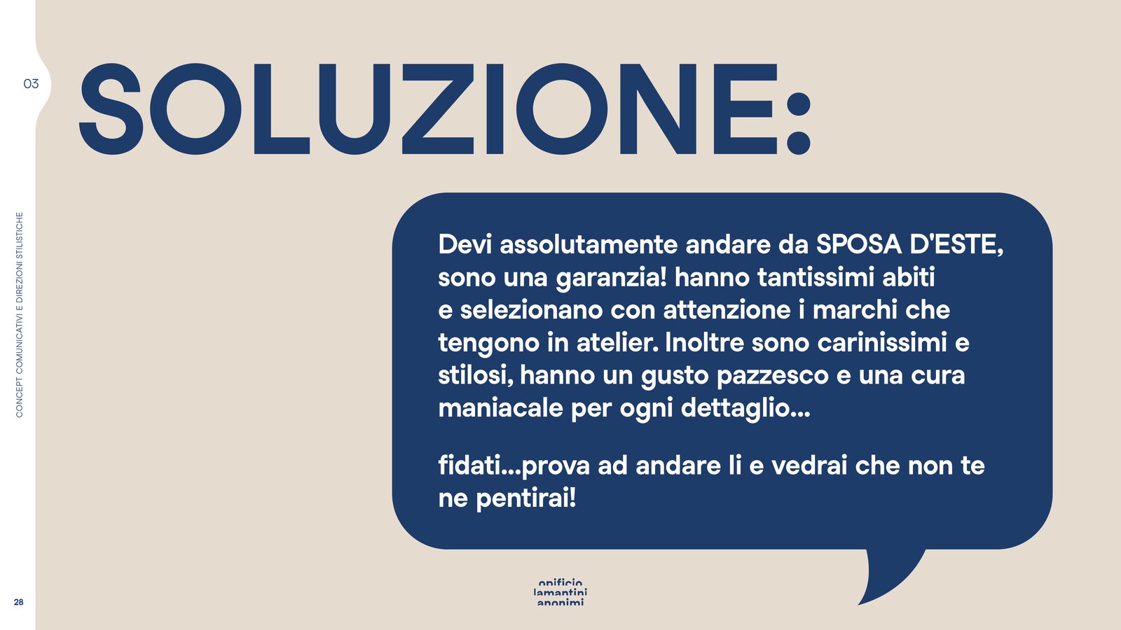 Slide con la soluzione scritta come la direbbe un’amica, dentro un fumetto