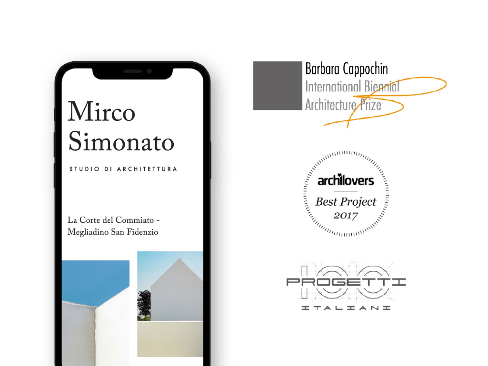 Il sito su smartphone accanto ai marchi Barbara Cappochin, Archilovers Best Project 2017 e 100 Progetti Italiani