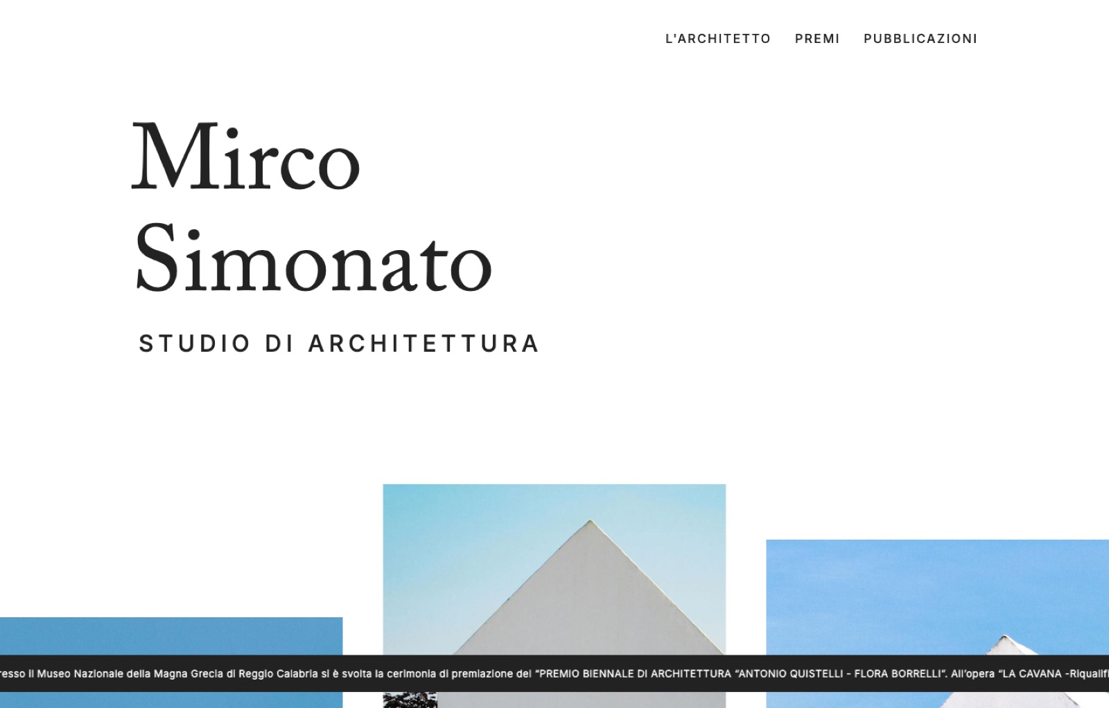 La testata del sito mircosimonato.it: il menu, il nome dello studio e le prime fotografie