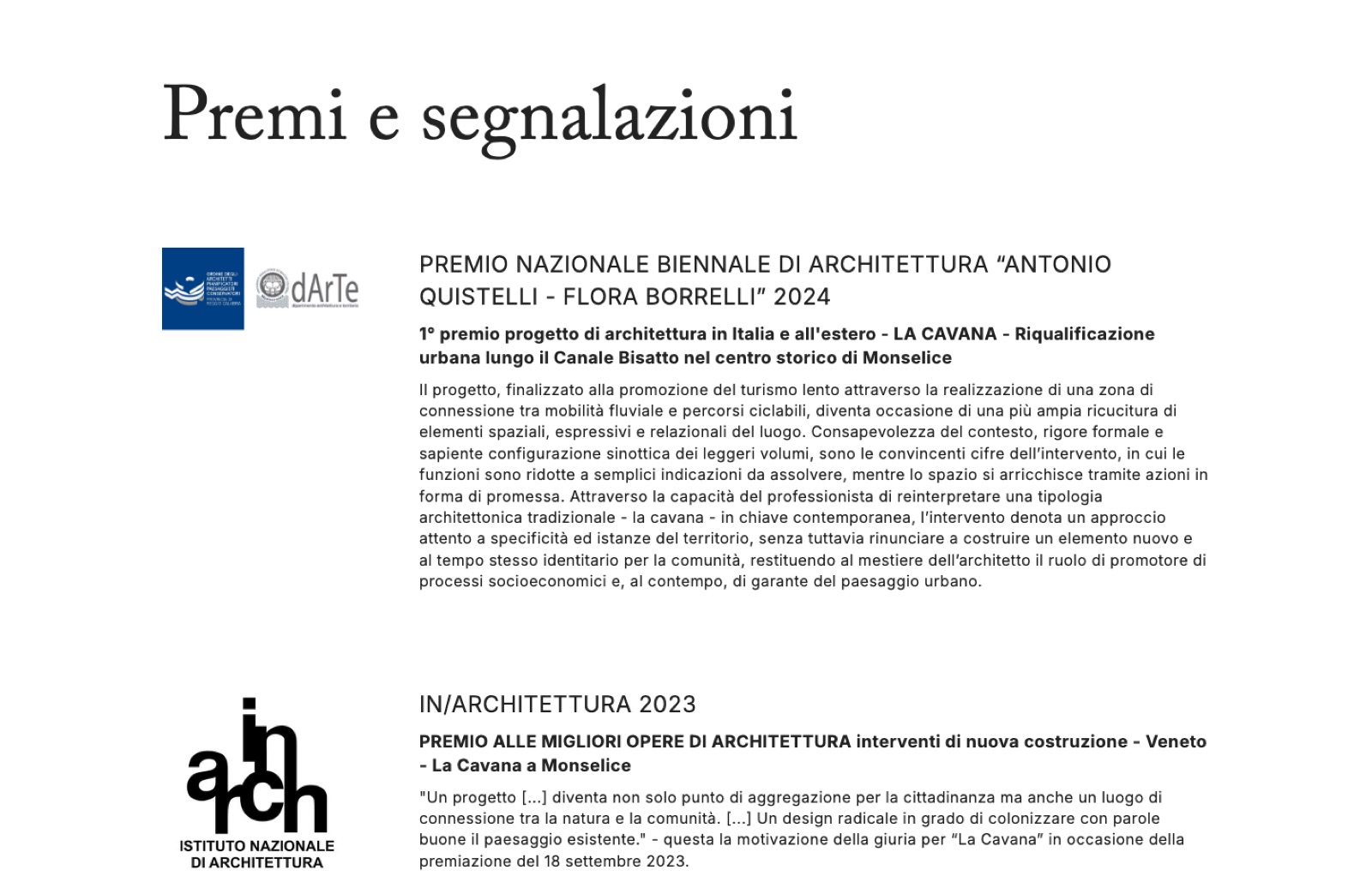La sezione Premi e segnalazioni del sito oggi, con il Premio Quistelli Borrelli 2024 e IN/ARCHITETTURA 2023