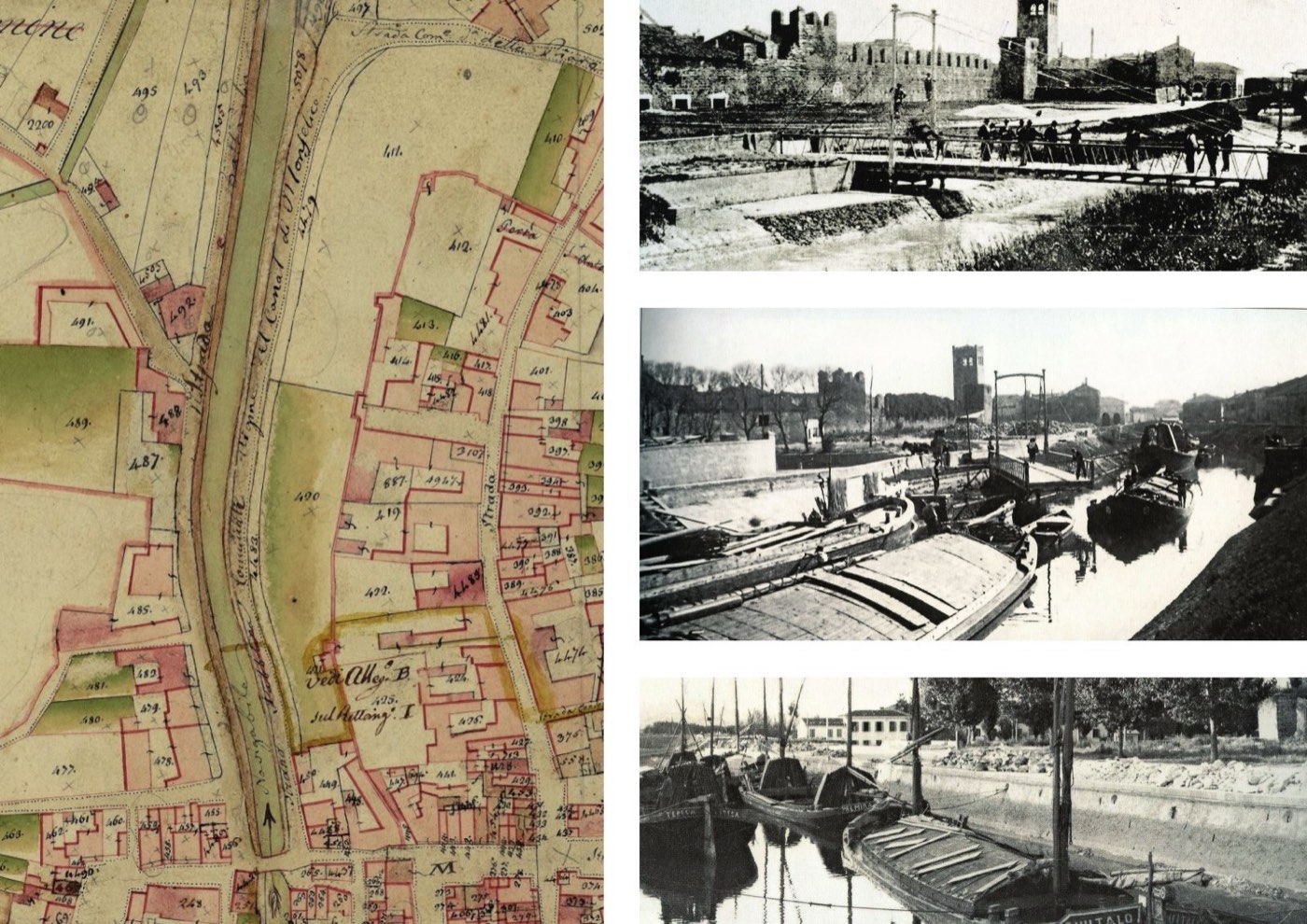Tavola della presentazione: il Canale Bisatto in una mappa storica e in tre fotografie d’epoca, con le barche ormeggiate sotto le mura