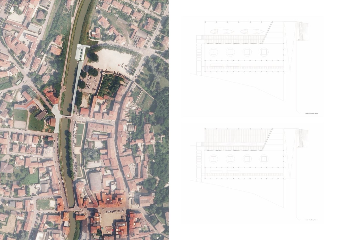 Tavola della presentazione: la planimetria su ortofoto lungo il canale e le piante della cavana