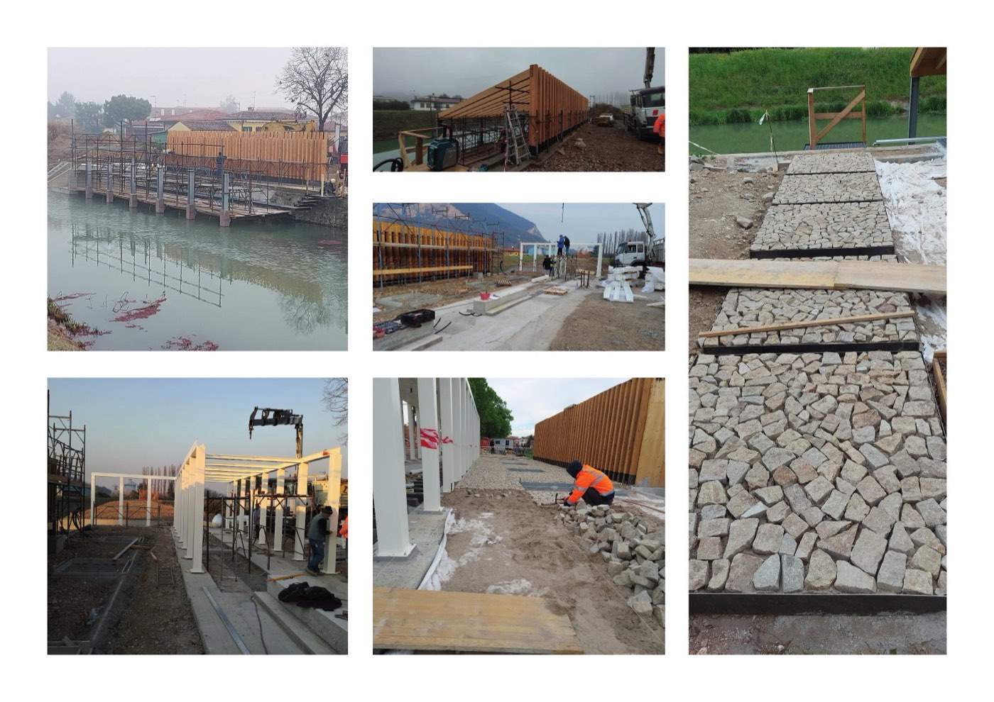 Tavola della presentazione: sei fotografie del cantiere, dalle palificate sul canale alla posa del selciato