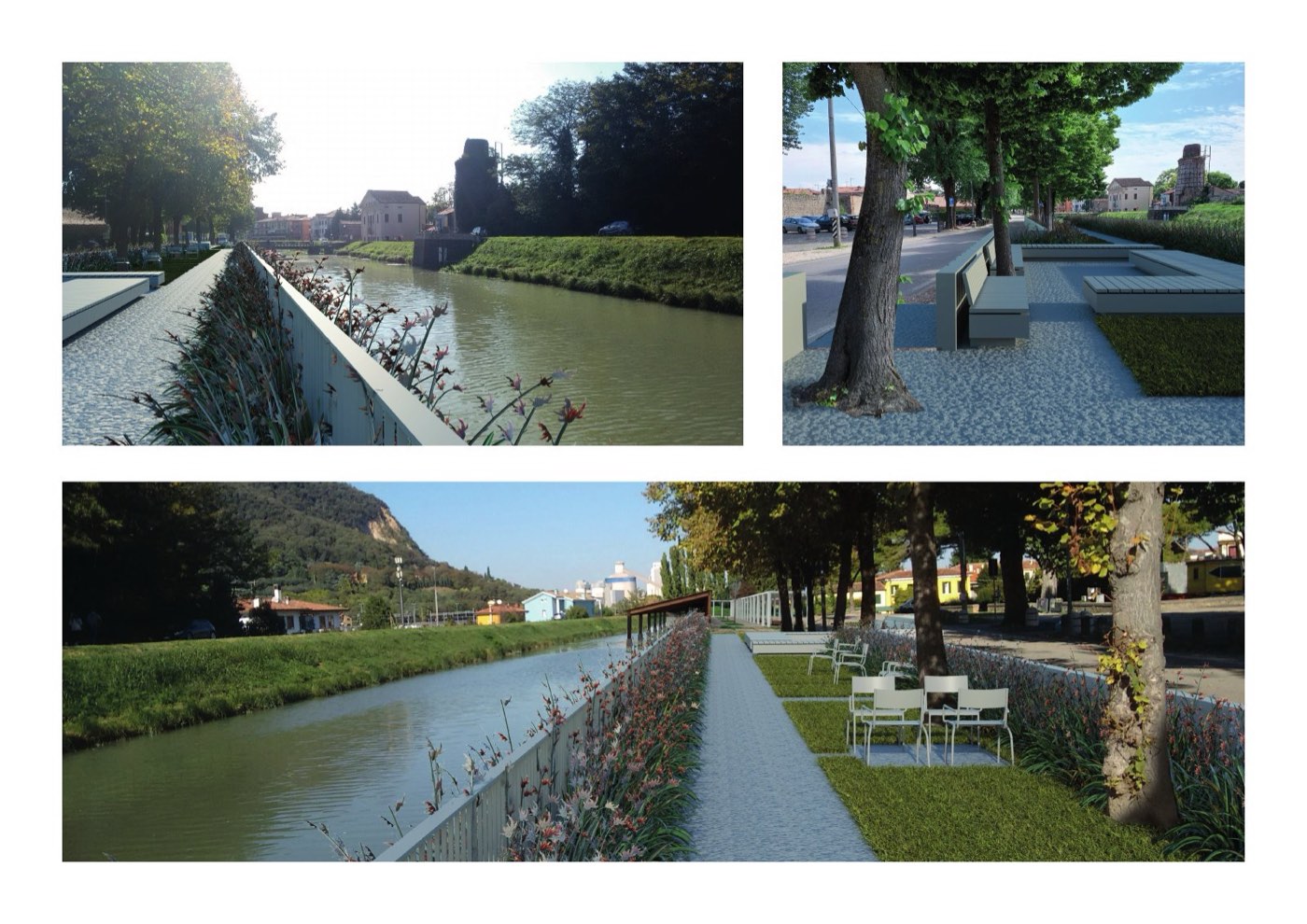 Tavola della presentazione: tre fotomontaggi della riqualificazione lungo il canale, con aiuole, panchine e alberi