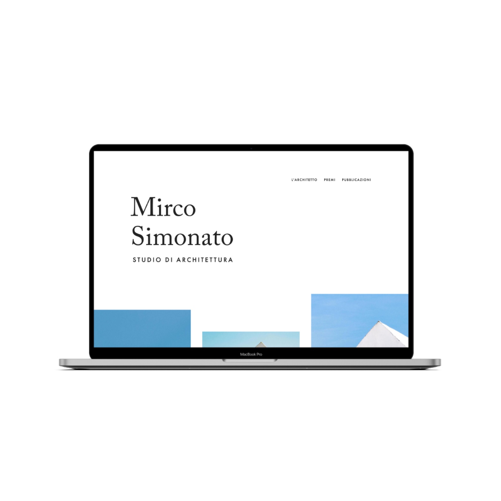 Il sito dello studio Mirco Simonato su un portatile: il nome, il menu e le prime fotografie