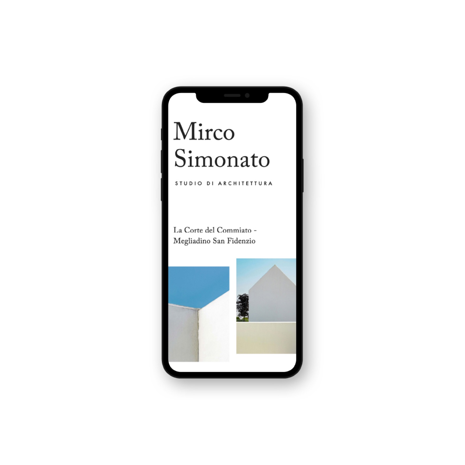 Il sito dello studio Mirco Simonato su smartphone, con il titolo La Corte del Commiato - Megliadino San Fidenzio e due fotografie