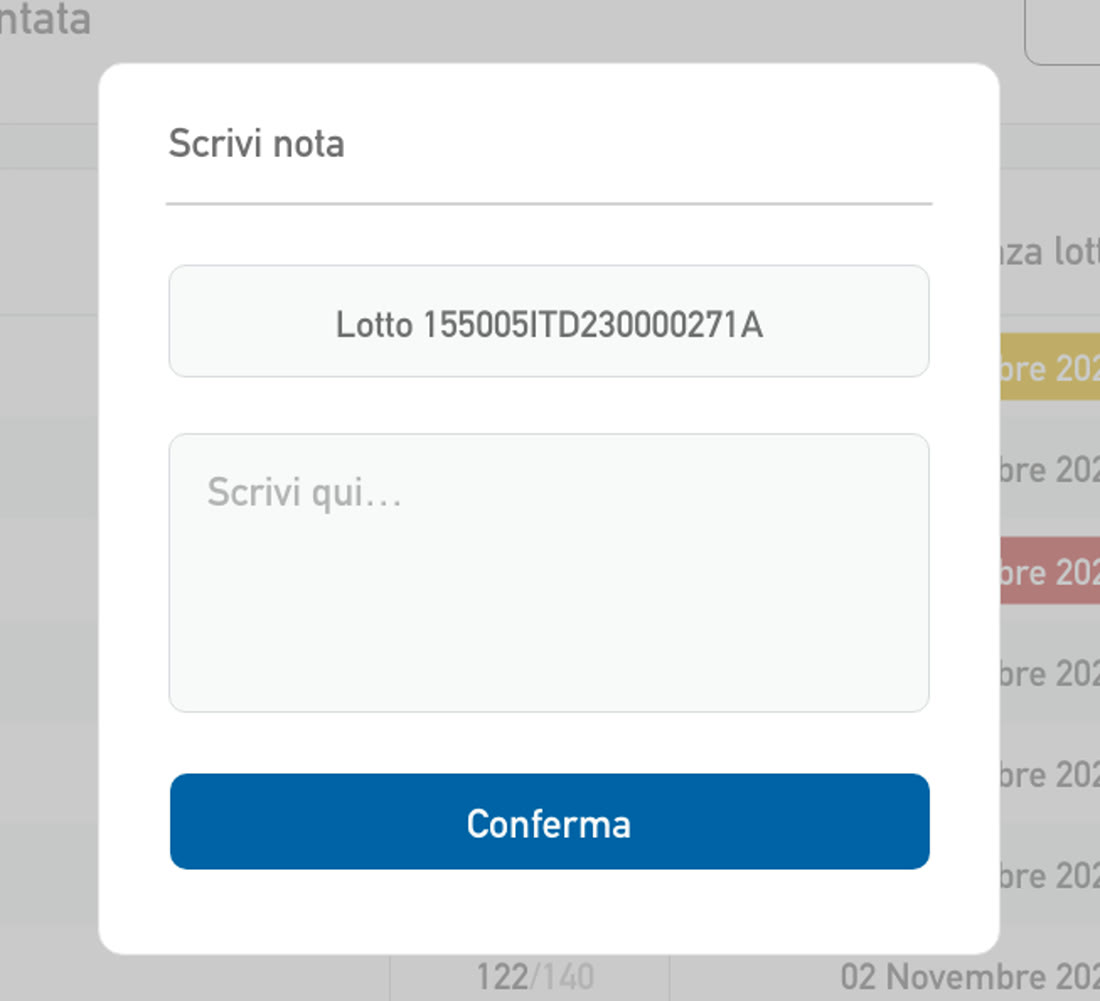 Dettaglio della finestra Scrivi nota con il codice del lotto