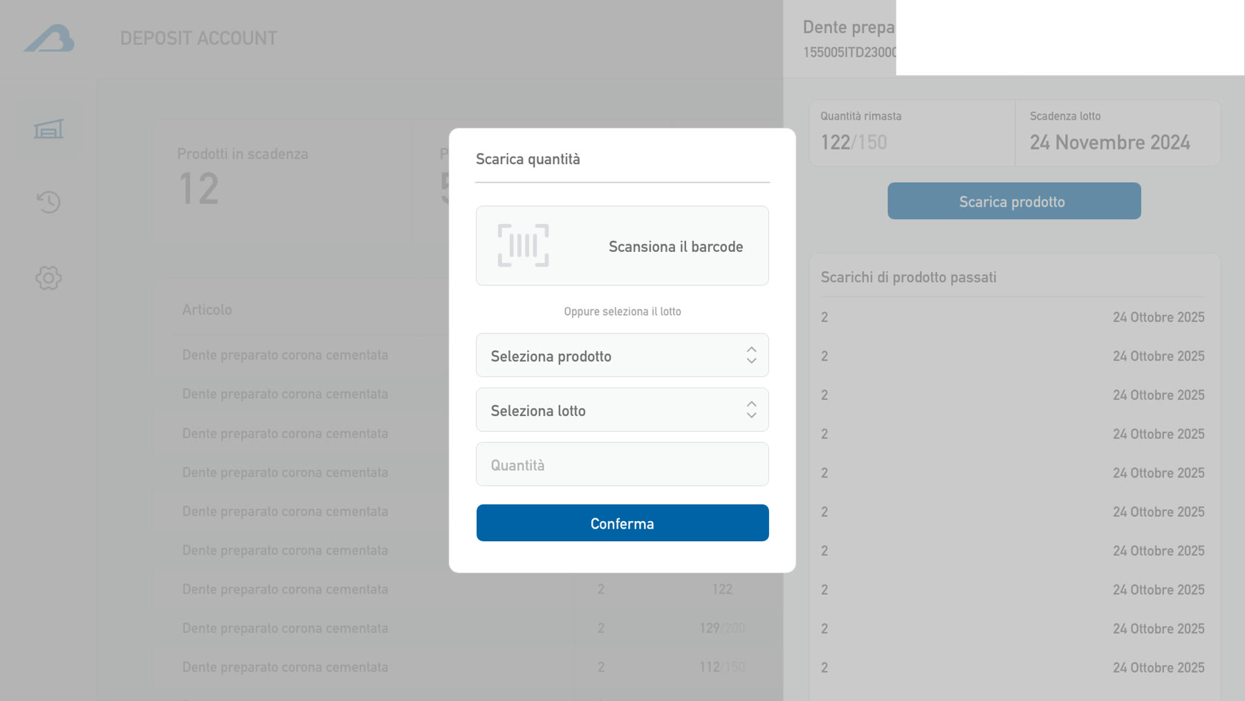 Finestra per lo scarico di un prodotto dal conto deposito