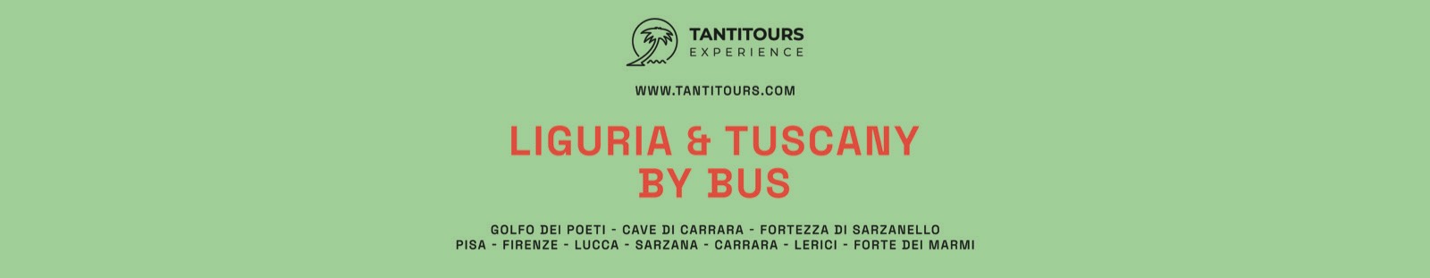 Pannello del bancone: Liguria & Tuscany by bus, con l’elenco delle mete