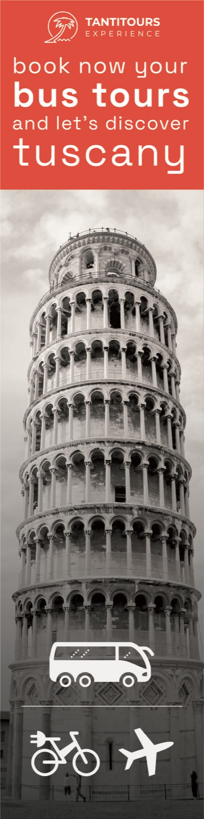Pannello laterale con la Torre di Pisa in bianco e nero e le icone di bus, e-bike e aereo