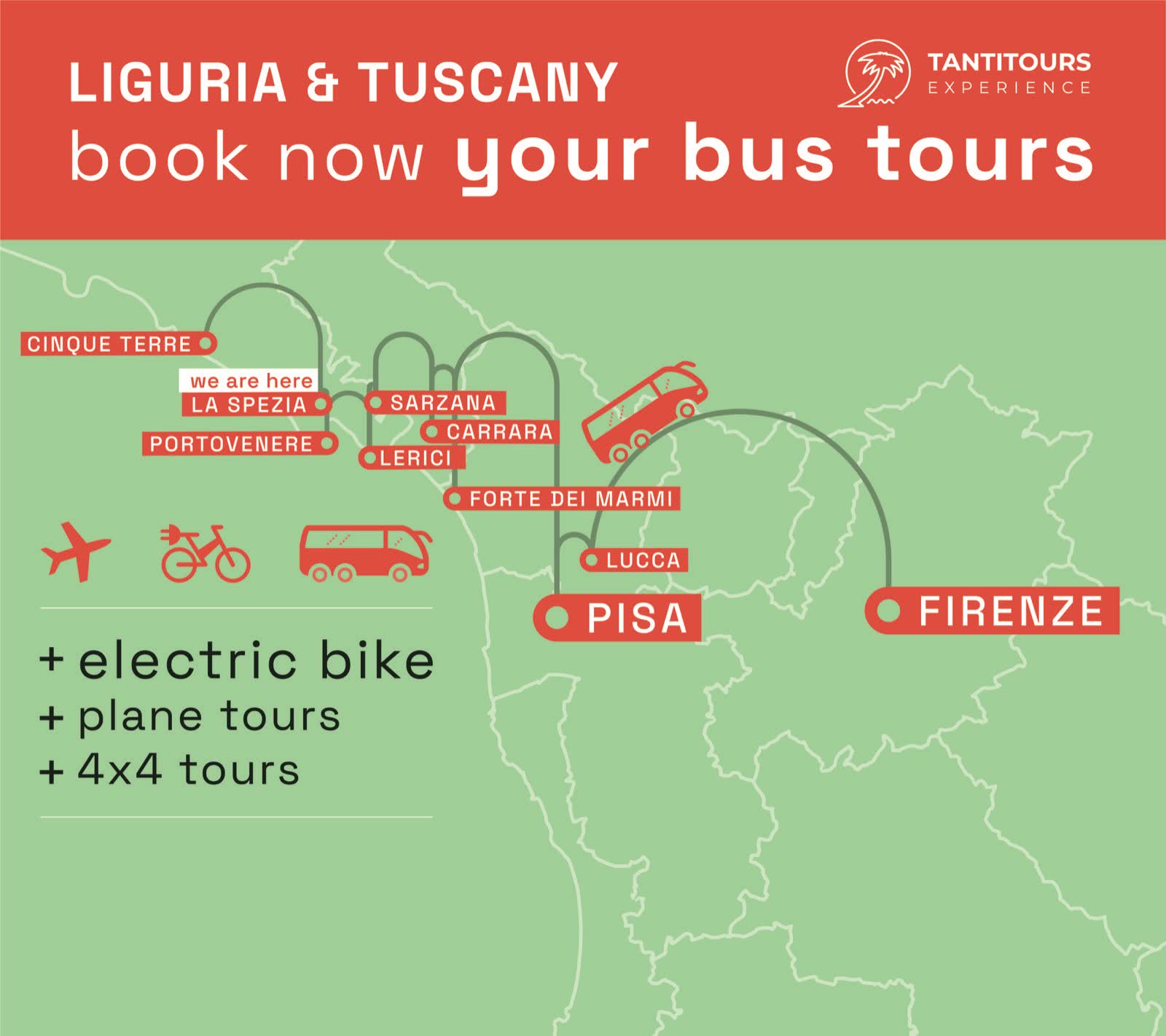 Vetrofania del retro con le altre esperienze: electric bike, plane tours, 4x4 tours