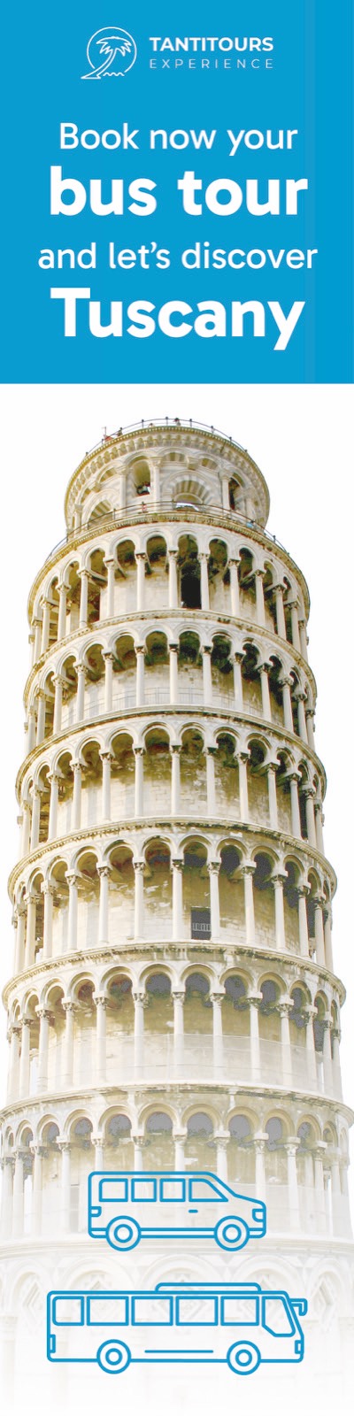 Pannello laterale 2026 con la Torre di Pisa e i bus in azzurro