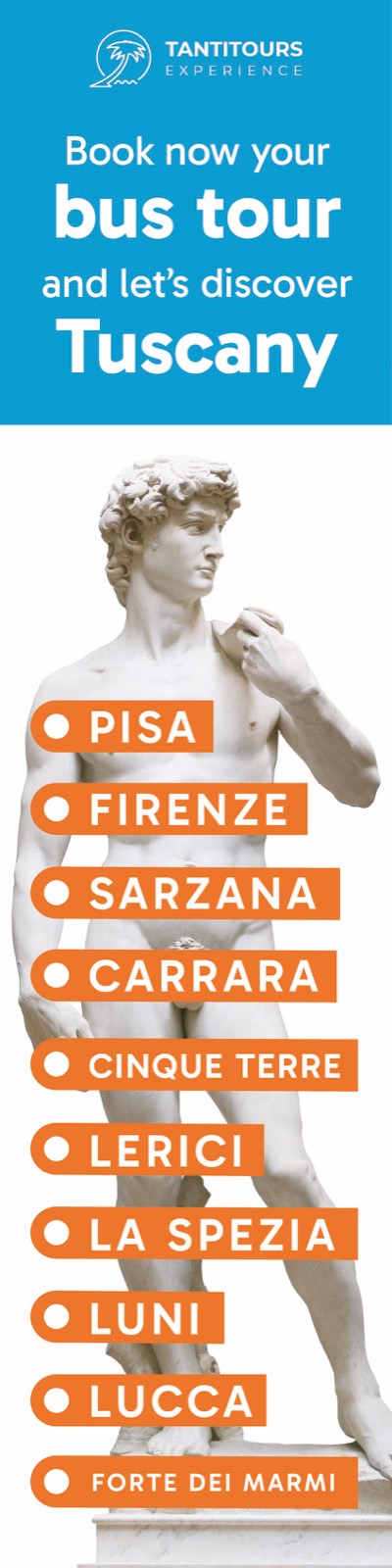 Pannello laterale 2026 con il David e le mete in arancio: Pisa, Firenze, Sarzana, Carrara, Cinque Terre, Lerici, La Spezia, Luni, Lucca