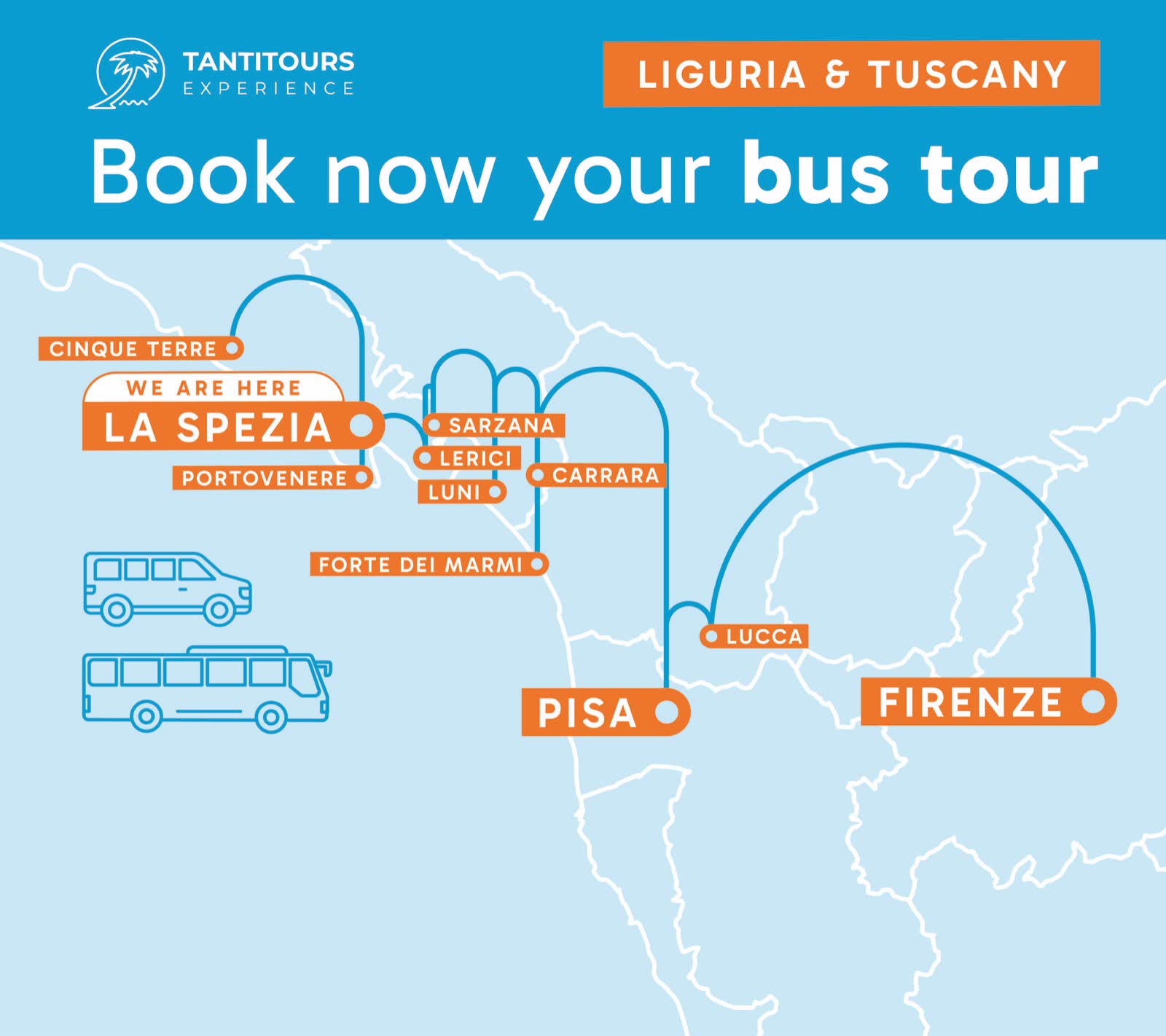 Vetrofania frontale 2026: Book now your bus tour, la mappa azzurra con We are here sulla Spezia e le icone dei bus