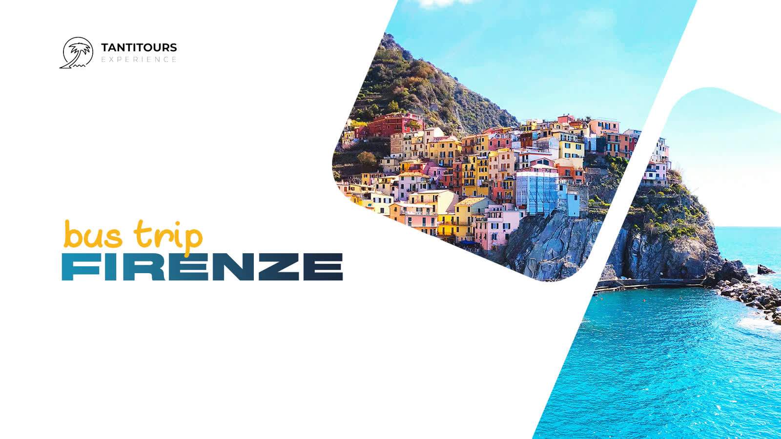 Bozza dell’apertura della landing 2024: bus trip Firenze, con le Cinque Terre in due riquadri inclinati