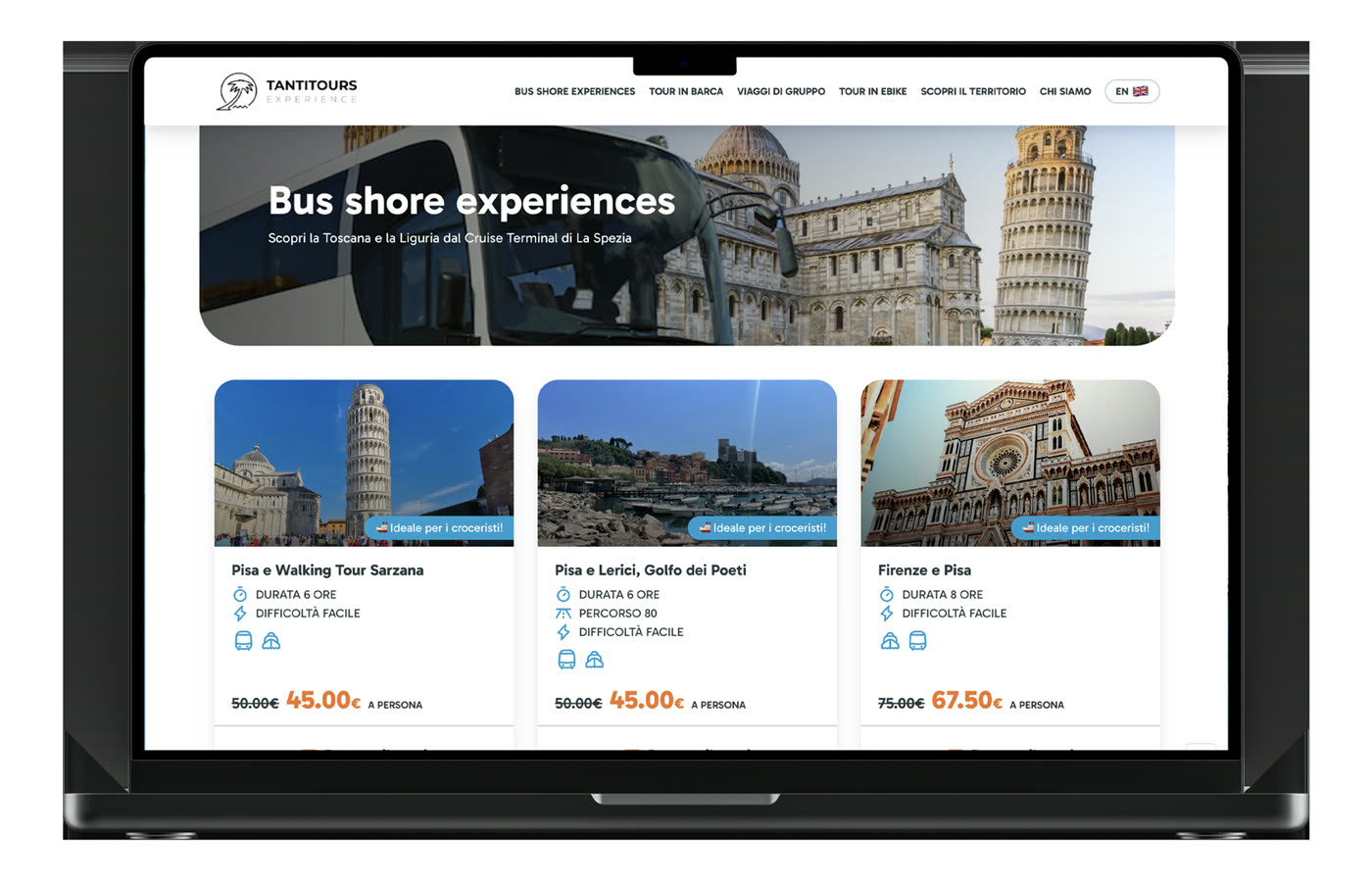 Il sito Tantitours su un portatile: la pagina Bus shore experiences con i tour e i prezzi
