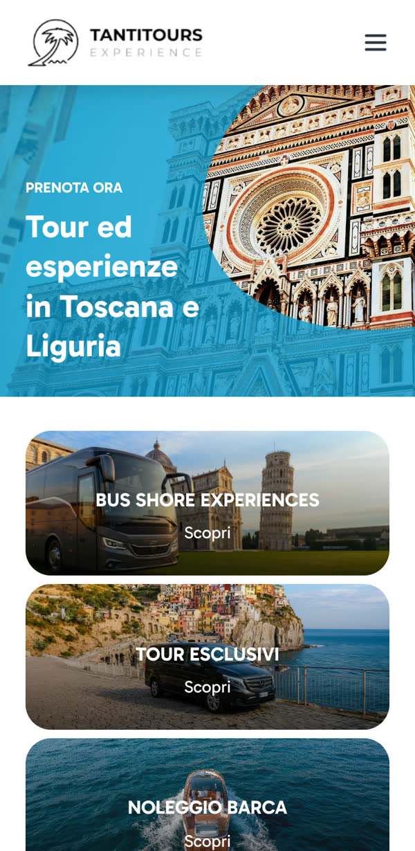 Home di tantitours.com su telefono: tour ed esperienze in Toscana e Liguria, e le categorie